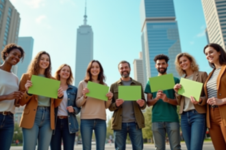 Groupe diversifié avec cartes carbone dans un espace urbain