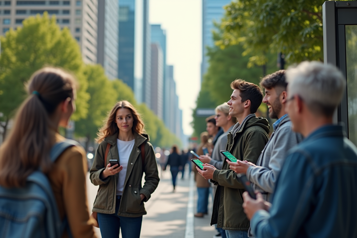 Groupe de personnes avec smartphones affichant une appli de quota carbone