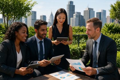 Groupe de professionnels en terrasse moderne pour l'investissement