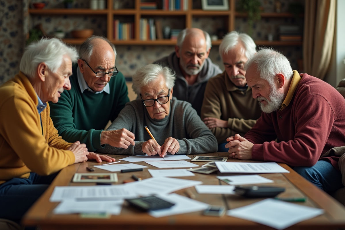 Groupe de seniors discutant autour d une table encombrée