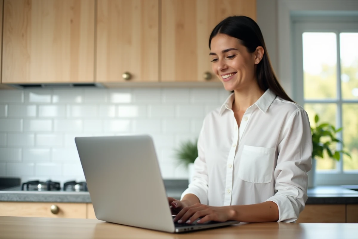 Jeune femme se connectant au portail LCL particuliers depuis son domicile sur un ordinateur portable