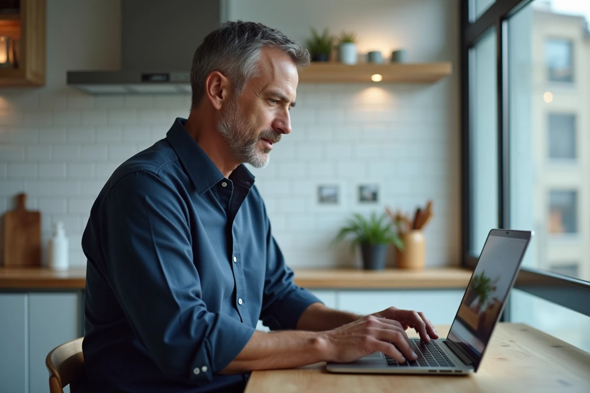Homme activant son espace client d'assurance en ligne depuis sa cuisine avec un ordinateur portable
