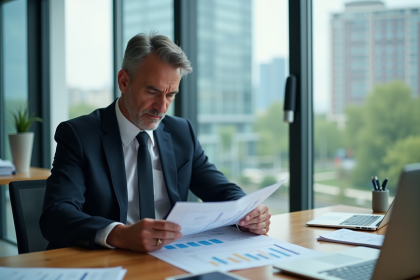 Homme d'affaires analysant des rapports financiers au bureau