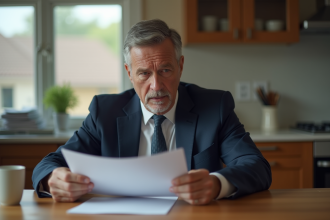 Homme d affaires en costume avec documents à la maison