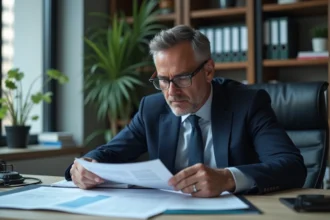 Homme d'affaires en costume bleu dans un bureau moderne