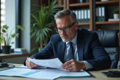Homme d'affaires en costume bleu dans un bureau moderne