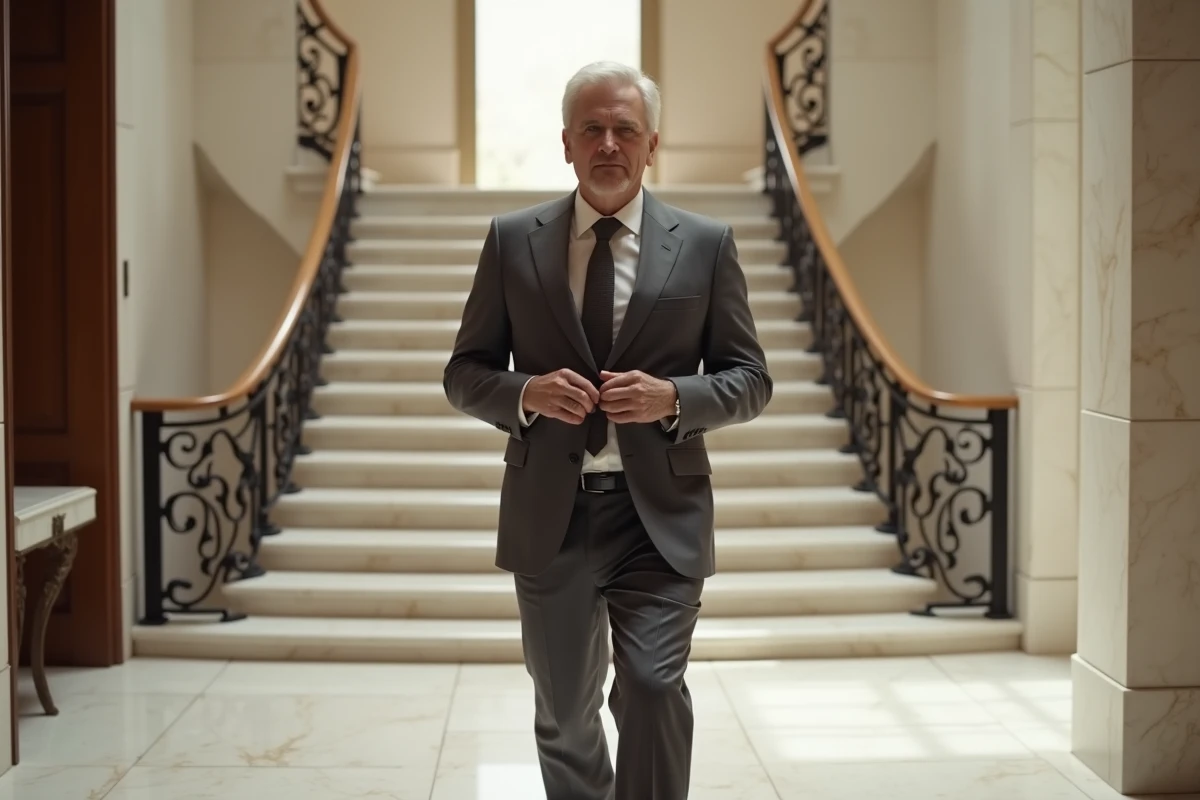Homme d'affaires prospère de l'industrie musicale marchant dans le hall d'entrée d'une villa de luxe, symbole de richesse et de réussite financière