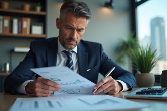 Homme d'affaires examinant un rapport financier avec graphiques