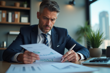 Homme d'affaires examinant un rapport financier avec graphiques