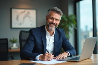 Homme d'affaires en costume signe des documents dans un bureau moderne