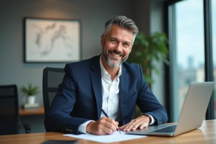 Homme d'affaires en costume signe des documents dans un bureau moderne