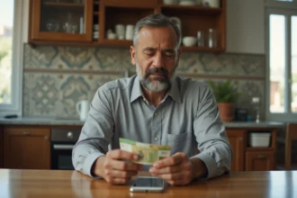 Homme algérien examine des billets de dinar dans sa maison