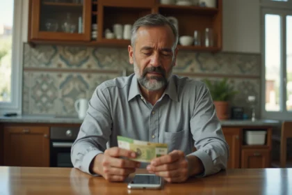Homme algérien examine des billets de dinar dans sa maison