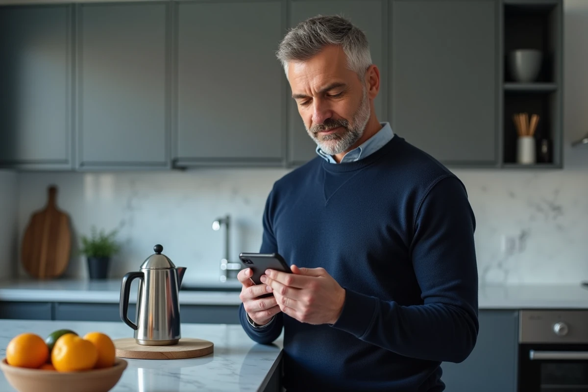 Homme utilisant une application bancaire sur smartphone pour créer un numéro de carte virtuelle Virtualis en cuisine