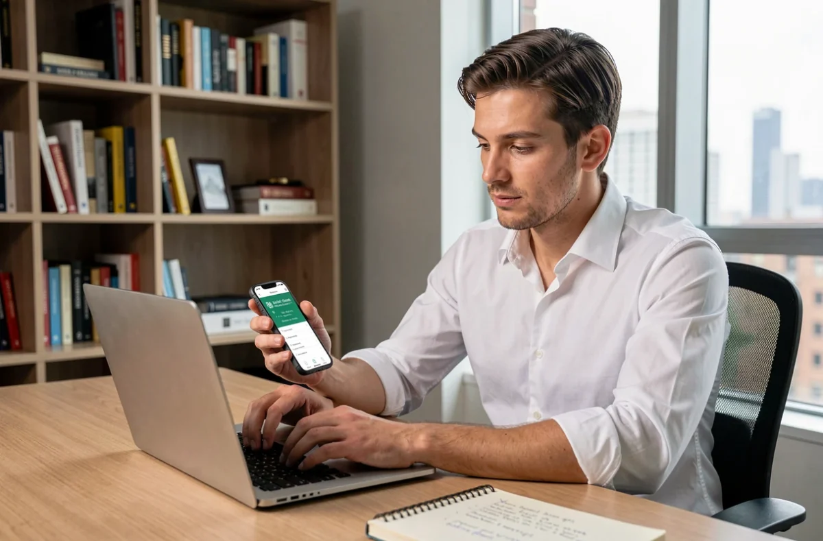 Homme consultant son application bancaire pour contester un prélèvement REMISEREDUCH non autorisé