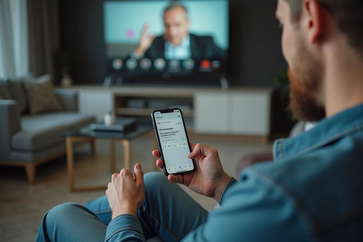 Homme consultant une application bancaire sur smartphone pour identifier un prélèvement AMZ digital non reconnu