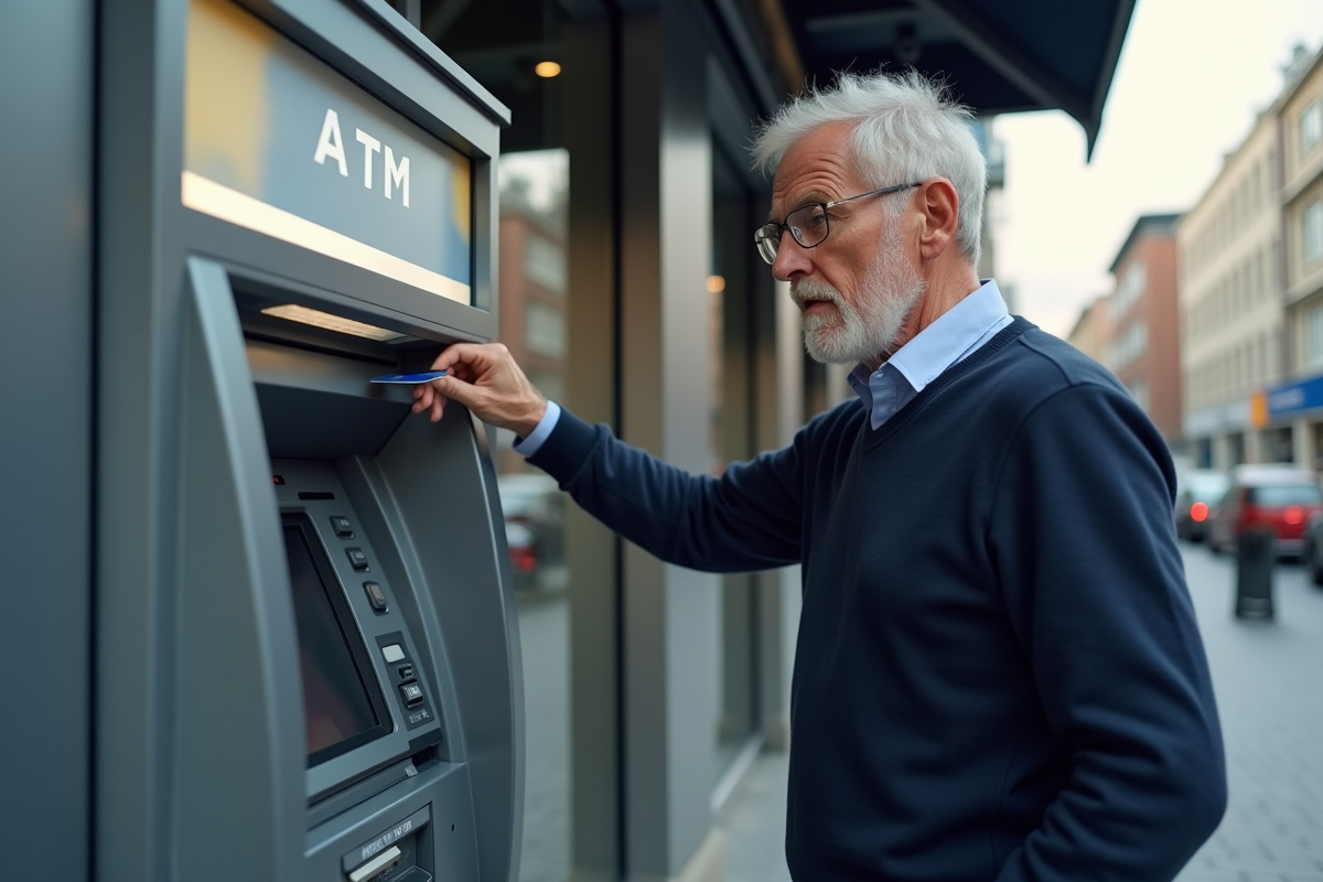 Homme âgé utilise un distributeur automatique avec frustration