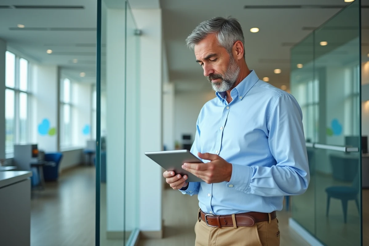 Homme vérifiant des documents dans une agence bancaire moderne