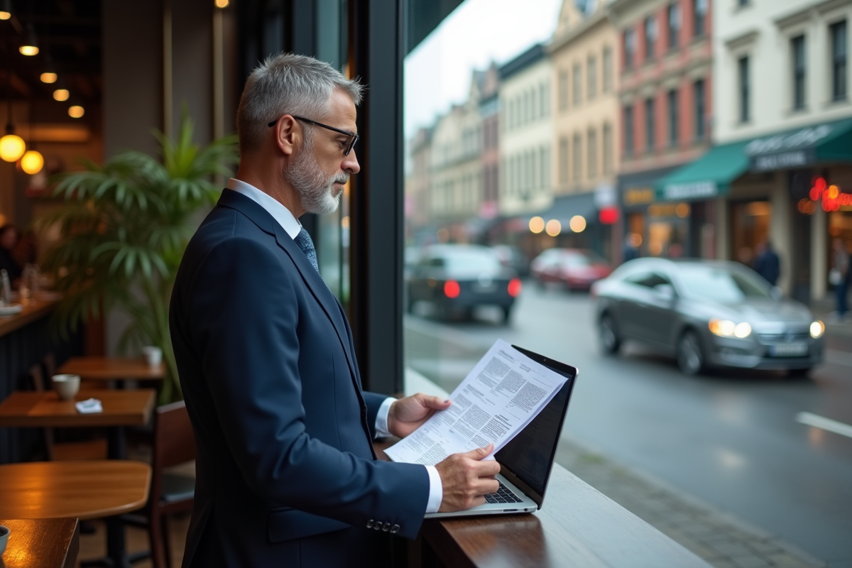 Homme d affaires analysant un document dans un café urbain