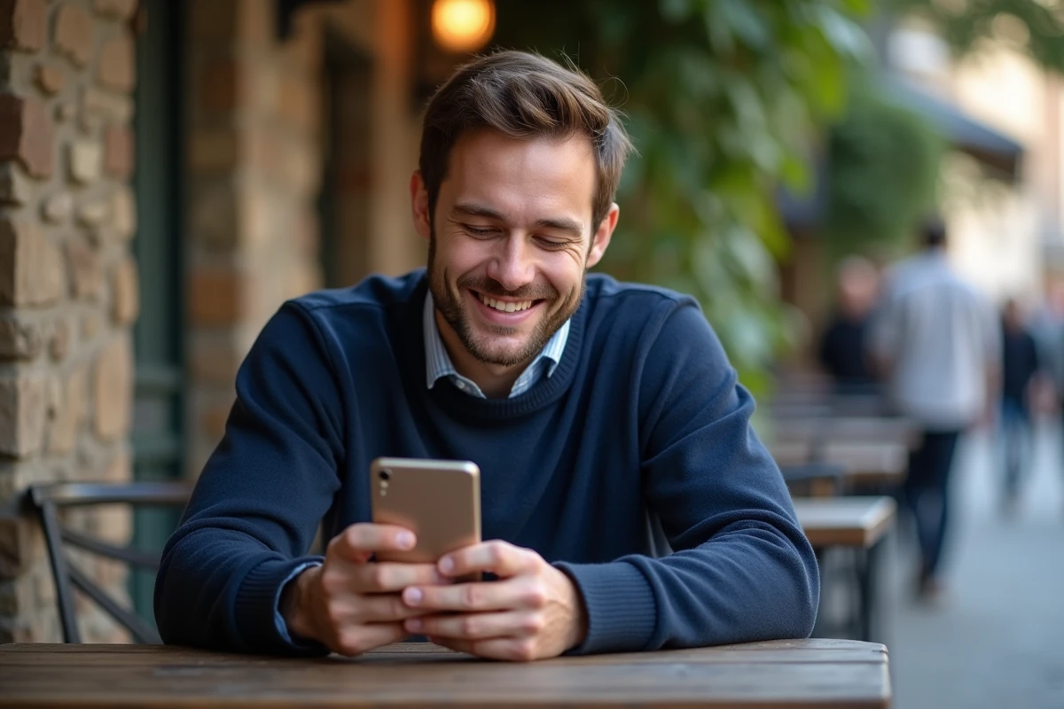 Jeune homme au café regardant son smartphone