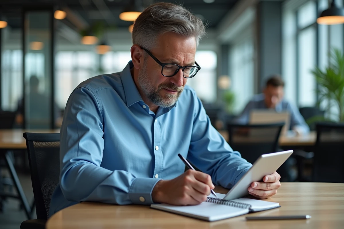 Homme analysant son portefeuille en coworking avec tablette et carnet