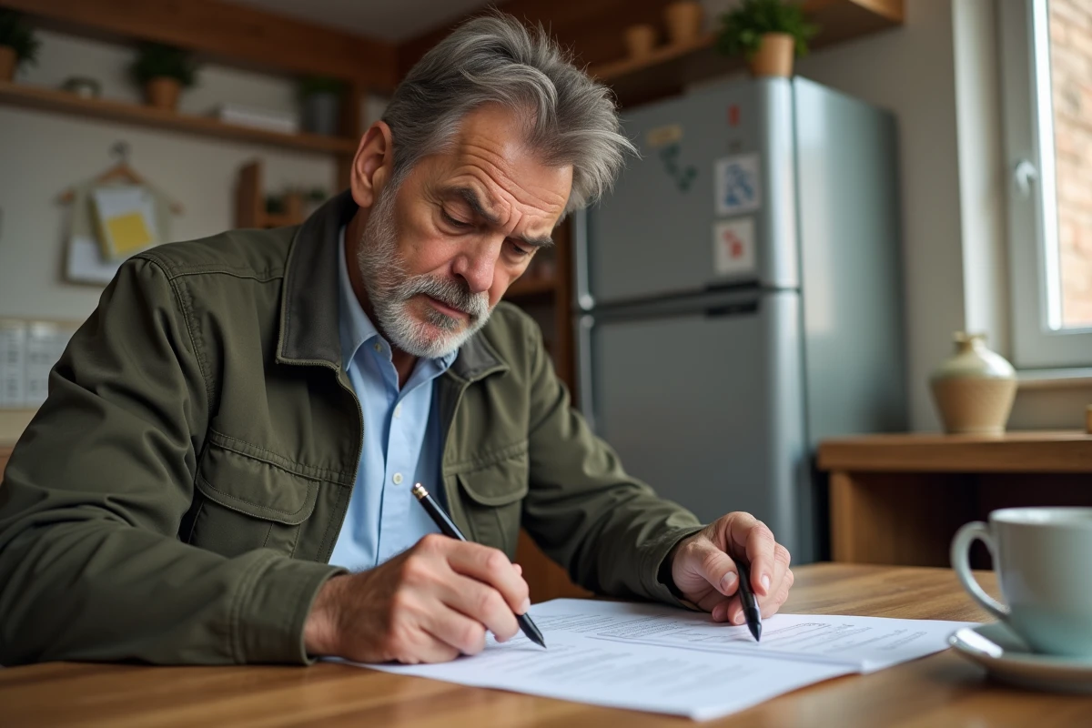 Homme lisant un contrat dans une cuisine chaleureuse