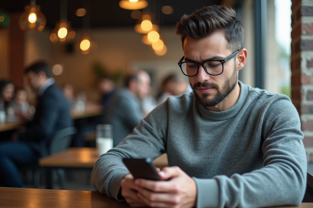 Homme consultant son espace client bancaire sur smartphone dans un café urbain