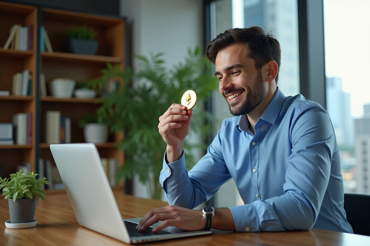 Jeune homme avec pièce Ethereum dans un bureau moderne
