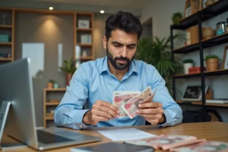 Homme en tenue élégante examinant des dirhams et carte bancaire
