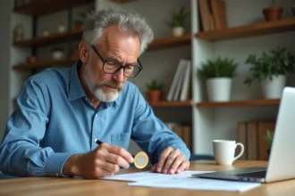 Homme d'âge moyen examinant un coin JO 2026 avec loupe