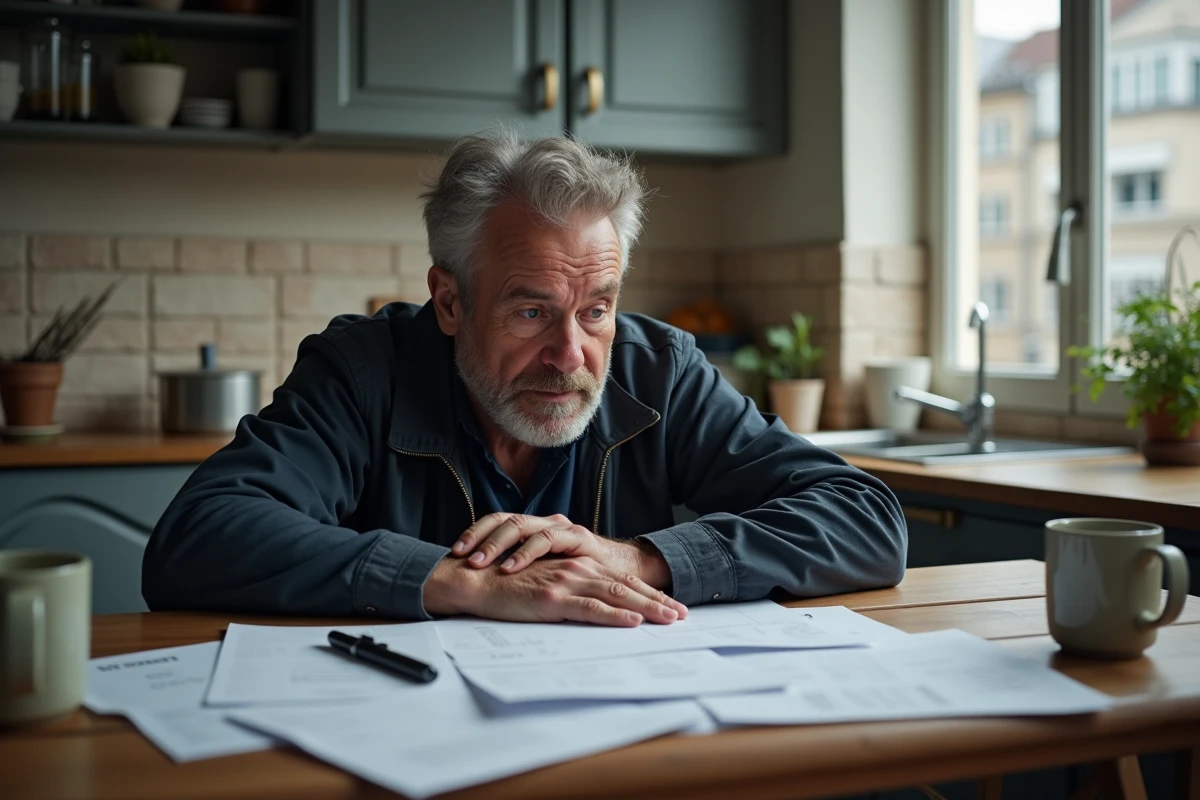 Un homme d'une cinquantaine d'années face à ses factures et relevés bancaires dans une cuisine modeste, illustrant la pression financière de l'inflation sur les foyers français en 2026