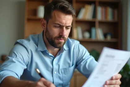 Homme consultant sa fiche de paie 2026 avec les nouvelles cotisations salariales et patronales