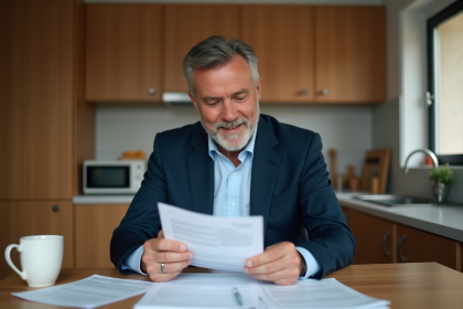 Homme d'âge moyen en costume bleu dans une cuisine moderne