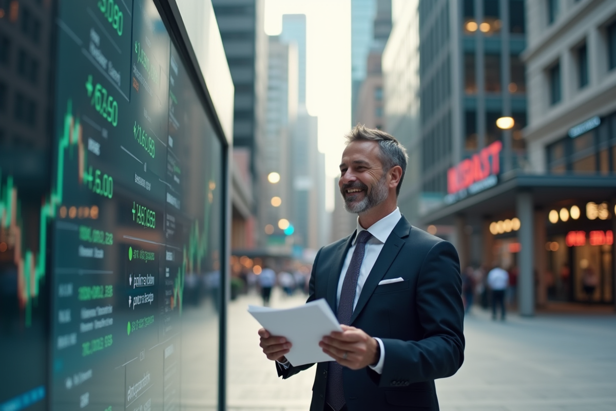 Homme d investissement consulte un portefeuille papier en ville
