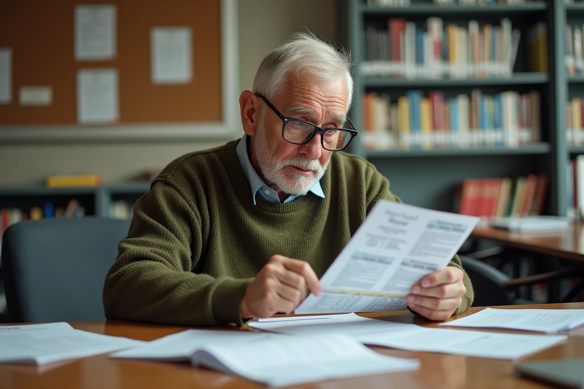 Homme lisant des documents de paiement dans une bibliothèque