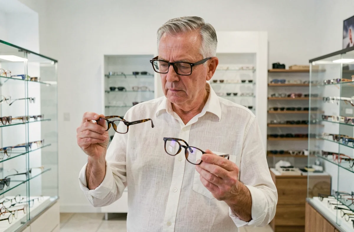 Homme comparant des lunettes progressives dans une opticien en vue d'une assurance dédiée
