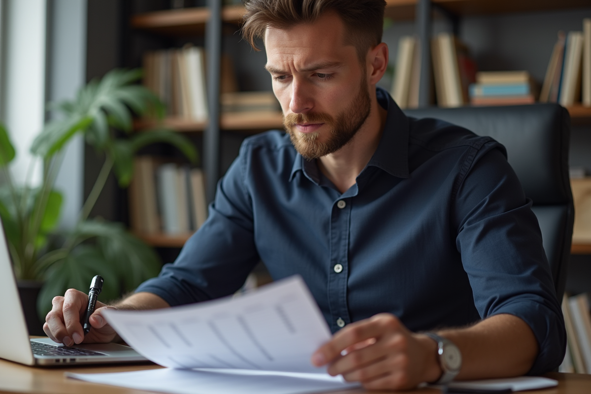 Homme d affaires examine des relevés crypto dans un bureau moderne