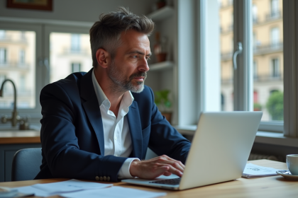 Homme d'âge moyen analysant ETF et CAC 40 dans une cuisine moderne