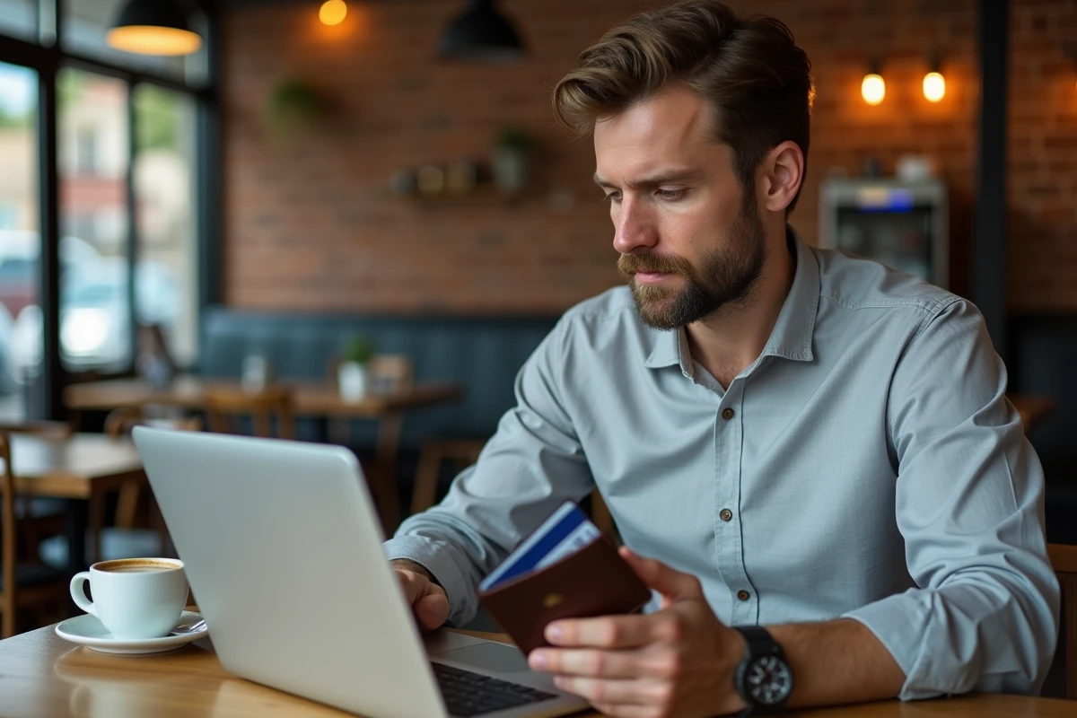 Homme effectuant un paiement en ligne dans un café avec carte bancaire et PayPal sur ordinateur portable