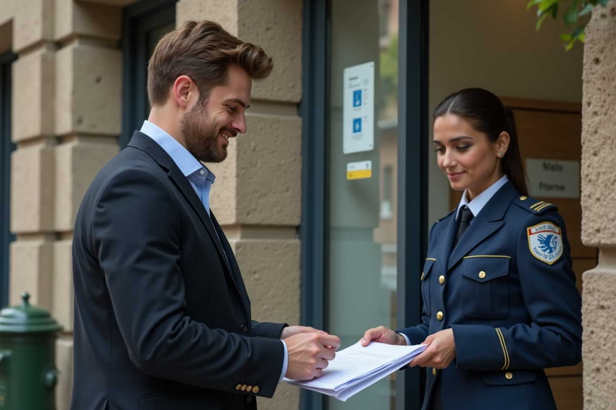 Jeune homme remet ses papiers à un agent postal devant le bureau
