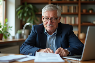 Homme d'âge moyen lisant une déclaration de pension dans un intérieur chaleureux