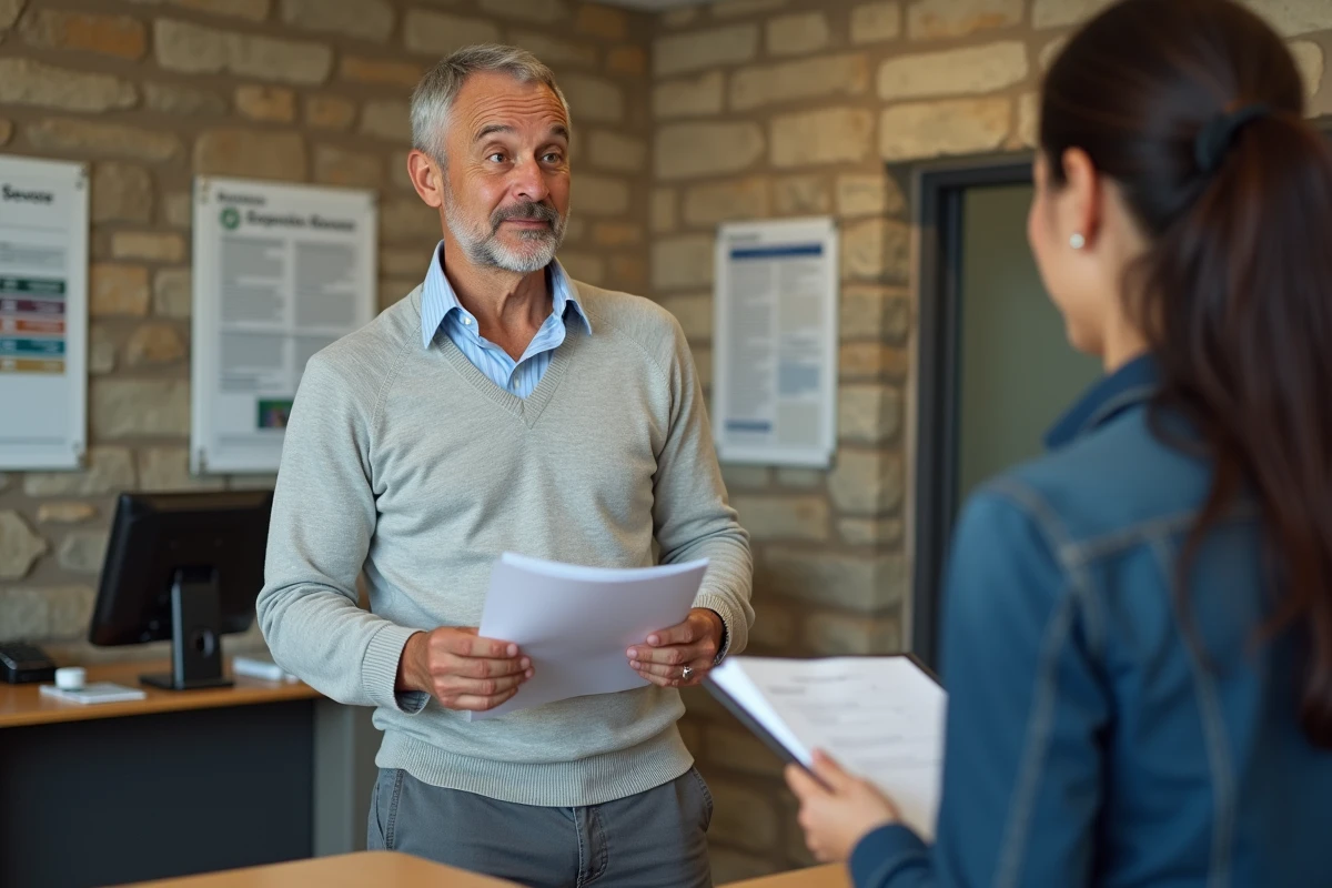 Homme discutant avec un agent dans un bureau administratif français