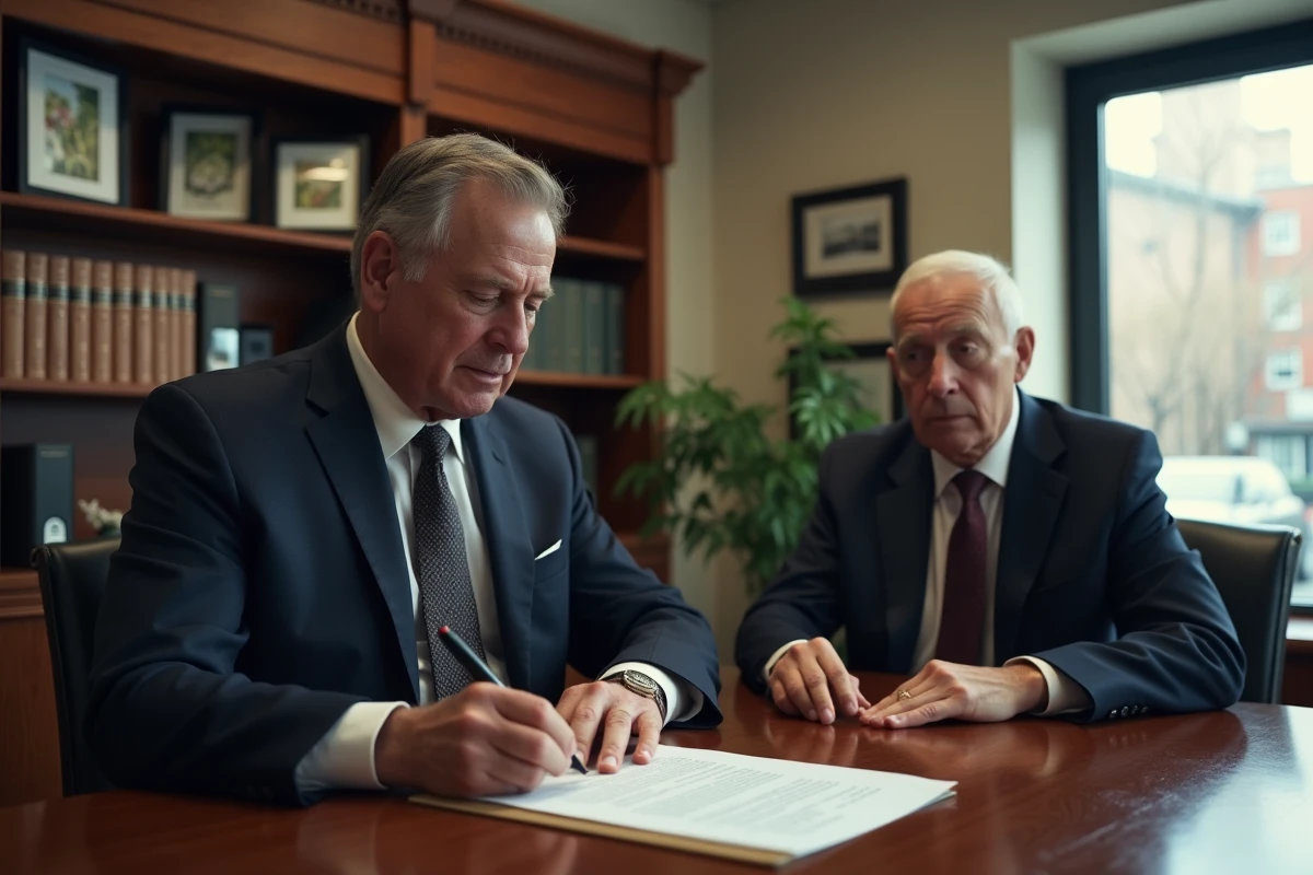 Homme en costume signe un contrat funéraire dans un bureau