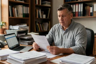 Homme stressé examinant des documents financiers liés à des erreurs de prêt dans un bureau à domicile encombré