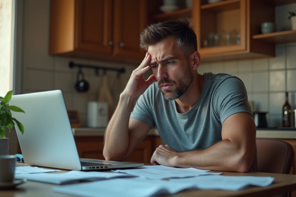 Homme stressé devant des factures et son ordinateur portable cherchant une solution de prêt urgent