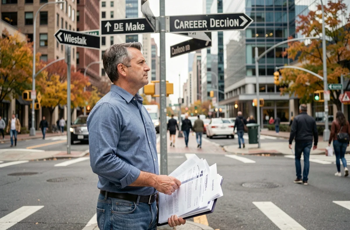 Homme en transition professionnelle tenant des documents financiers à un carrefour urbain symbolisant un choix de carrière