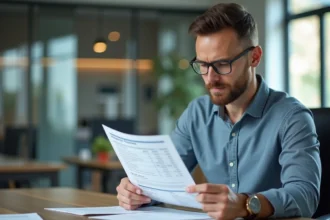 Homme en bureau examinant un bilan salarial