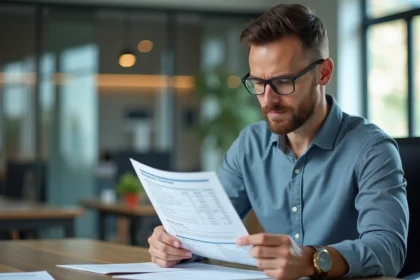 Homme en bureau examinant un bilan salarial