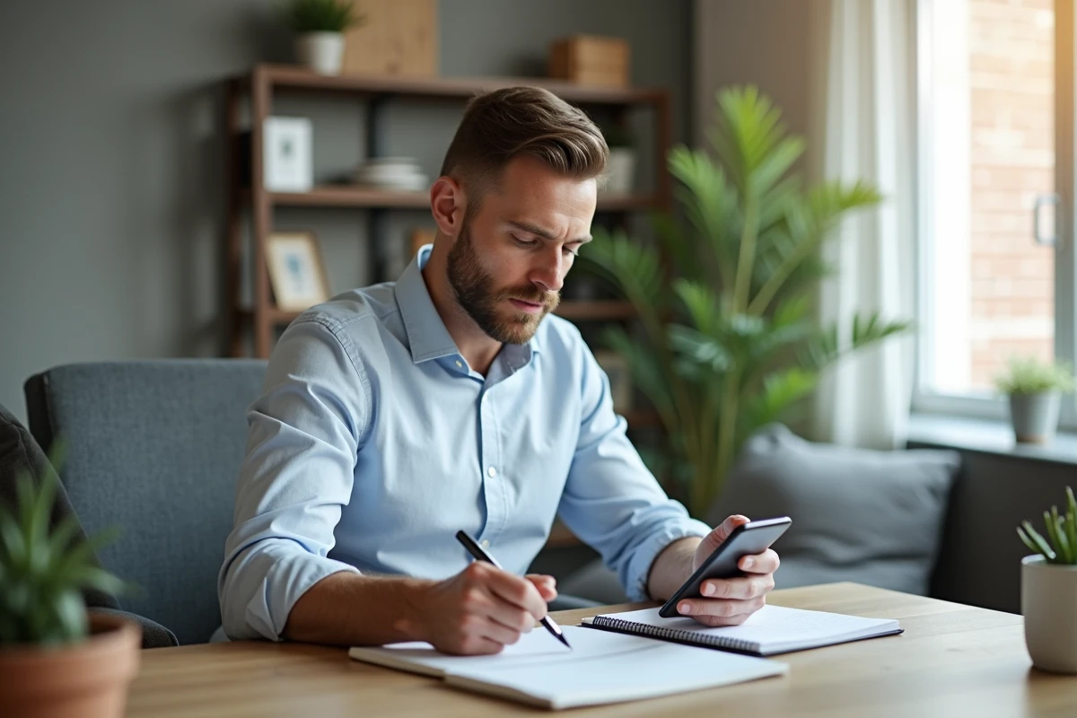 Homme vérifiant ses finances sur smartphone dans un intérieur moderne