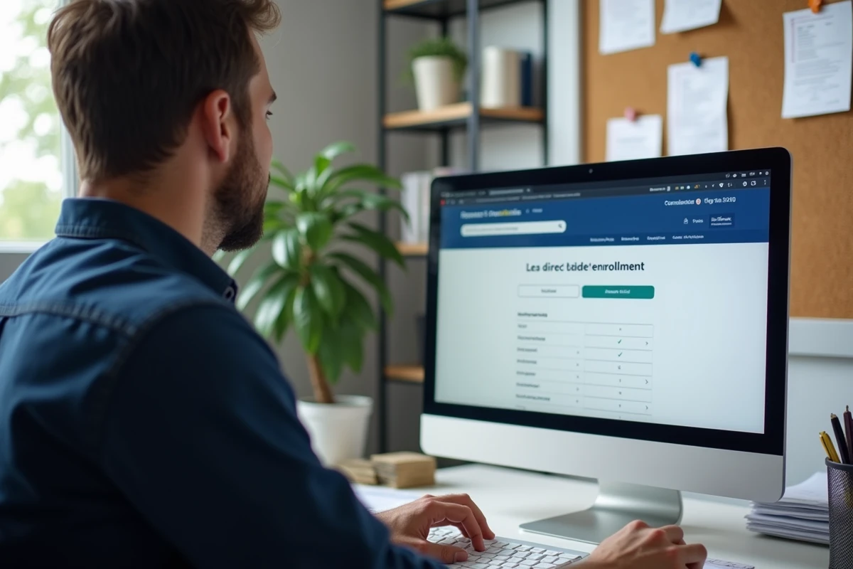 Homme en train de s'inscrire à la mensualisation des impôts fonciers sur le site des impôts avec prélèvement automatique depuis son bureau à domicile